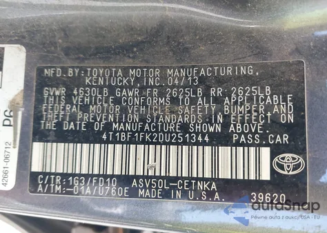 2013 Toyota Camry Le z USA, uszkodzony, nr VIN 4T1BF1FK2DU251344